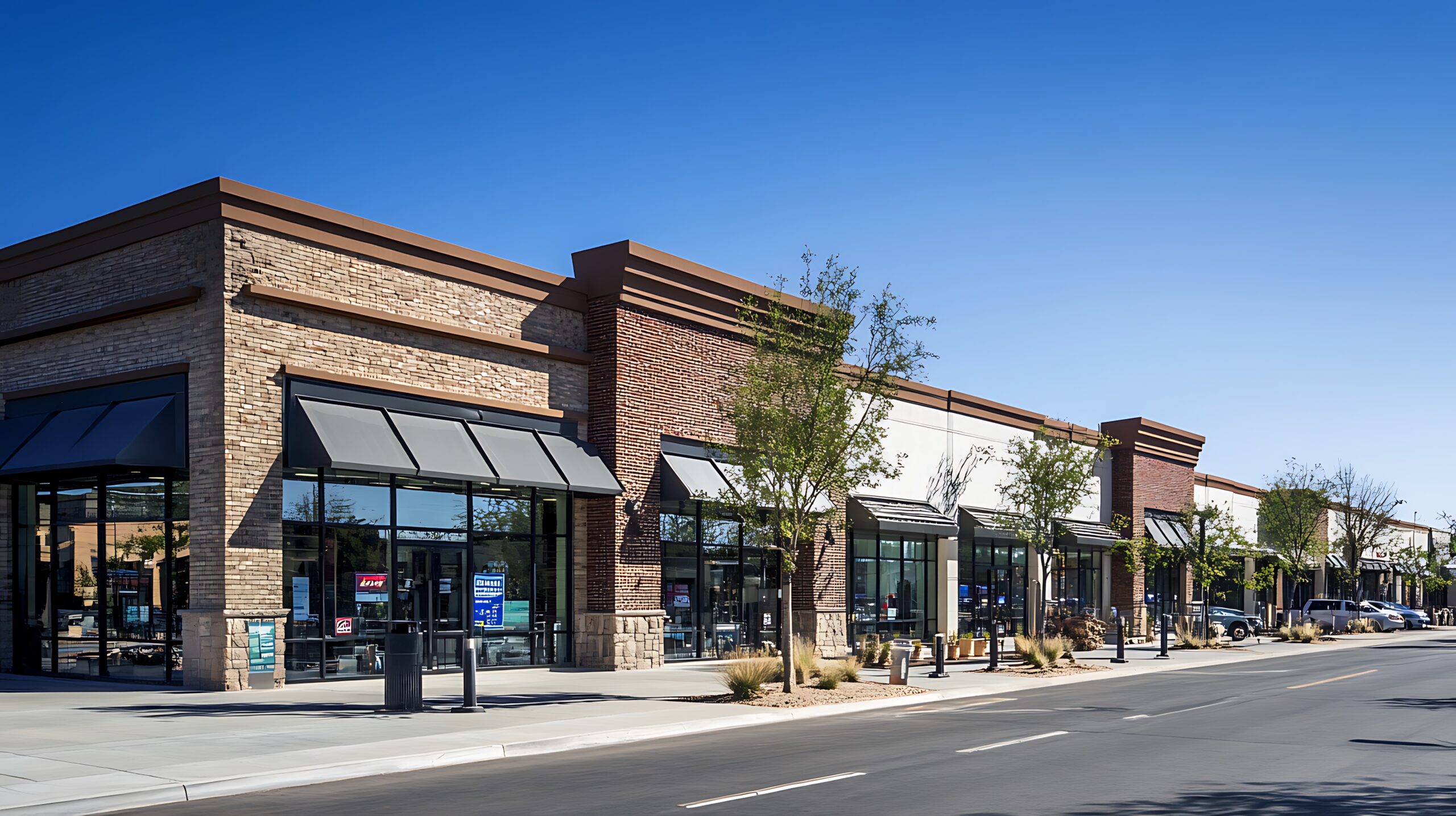 Modern Retail Strip Mall on Sunny Day